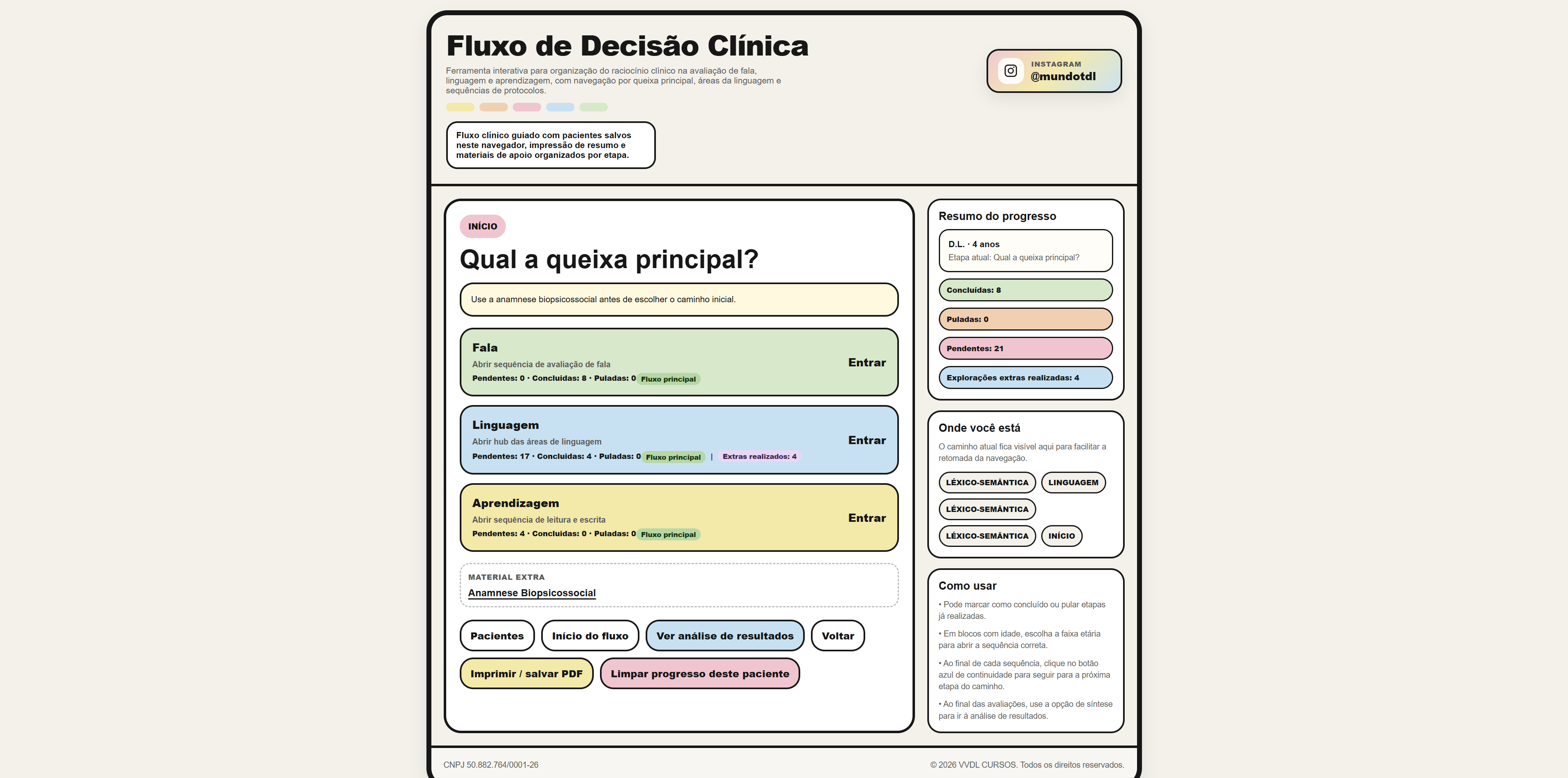 Tela do Fluxo de Decisão Clínica em desktop. Início da avaliação com seleção de queixa principal entre Fala, Linguagem e Aprendizagem.