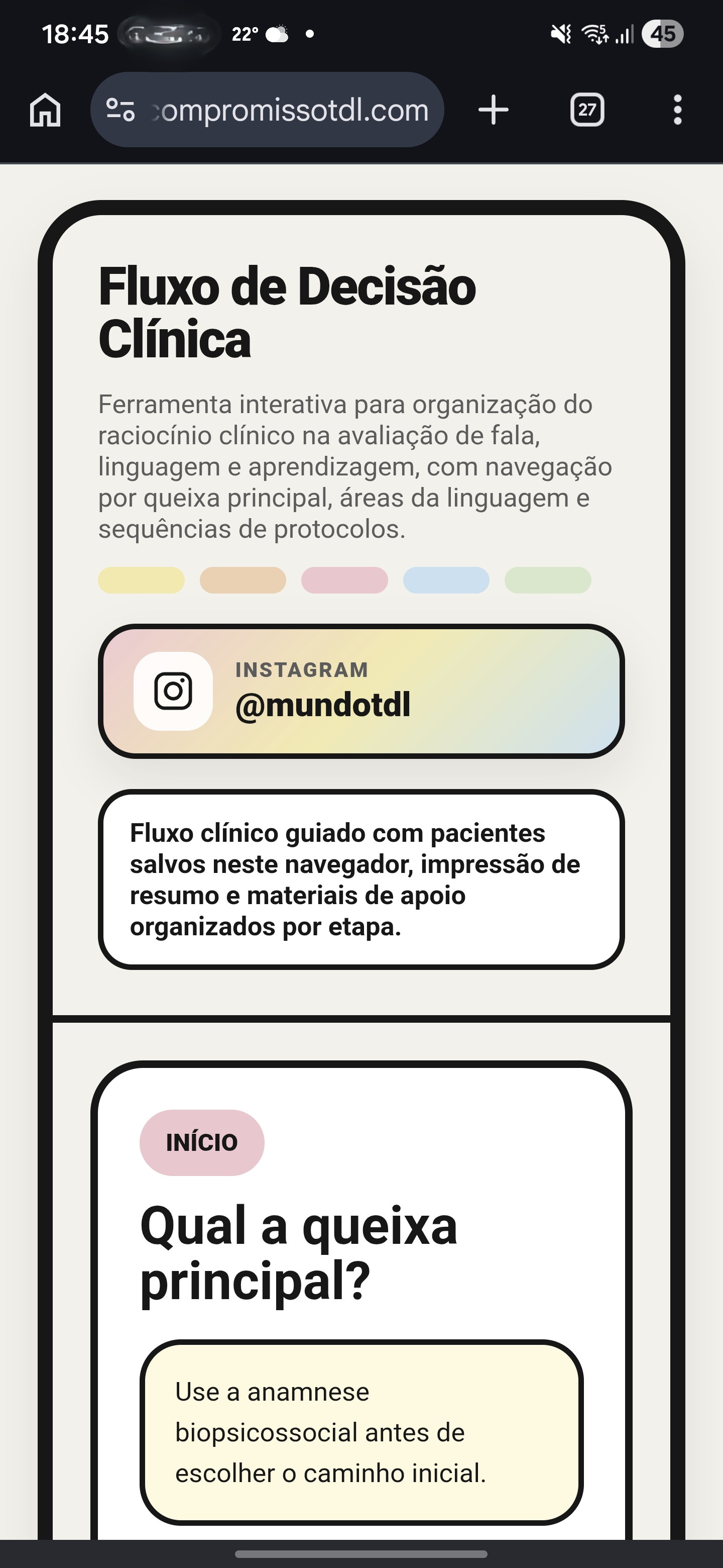 Tela do Fluxo de Decisão Clínica em mobile. Apresentação da ferramenta e seleção da queixa principal.